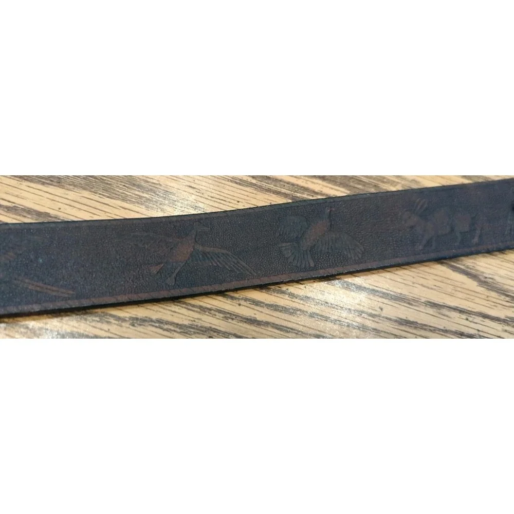 Vintage Leather Ammo Belt Hunting Scene‎ Birds Rabbit Turkey Cowhide Size Medium